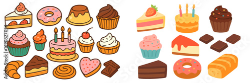Collection of cute cartoon dessert icons including cake, cupcake, donut, and pastry isolated on a white background