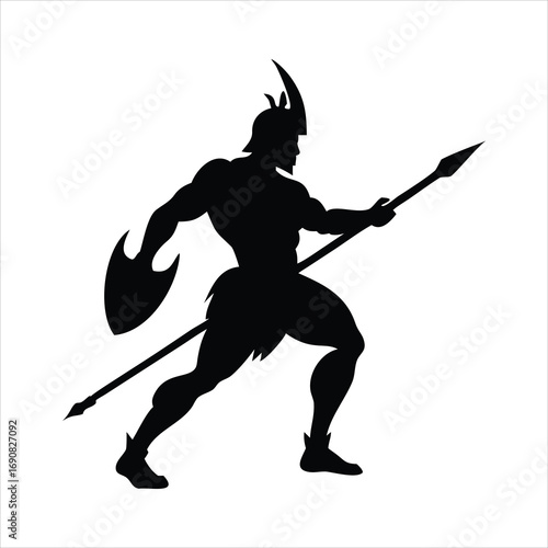 Silhouette of a muscular warrior with a spear and shield in action