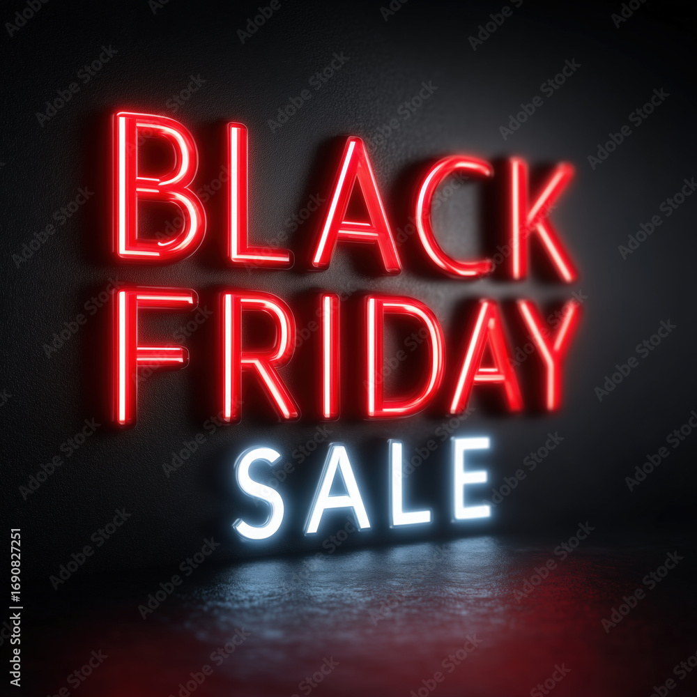 Obraz premium Black Friday SALE poster with glowing neon red letters on black background