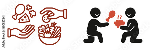 Humanitarian aid and charity icon set with a volunteer giving a meal to a poor person and symbols for food donation and hunger relief
