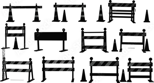 Construction barriers and traffic cone silhouettes, safety barricade icons, roadblock elements, caution signs, street closure equipment, vector illustrations, black isolated warning structures
