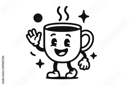 Retro cartoon coffee cup mascot character waving with a happy smile. Black and white vintage style graphic for a cafe or coffee shop logo