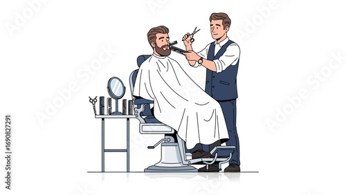 Professional barber in a vintage barbershop carefully trims a bearded man s hair with scissors and comb while seated in a classic barber chair