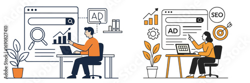 Digital marketing concept with people working on SEO and SEM advertising strategy for business growth and online promotion