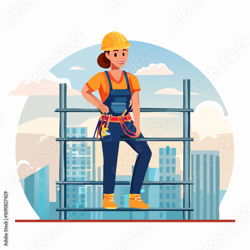 A skilled female construction worker wearing a hard hat and tool belt stands confidently on scaffolding against a modern city skyline, representing women in industry