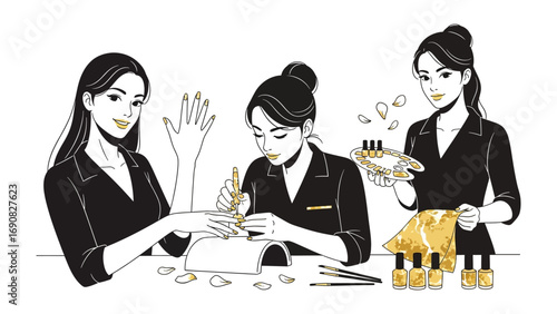 Three elegant women in black suits applying makeup and nail polish with artistic brush strokes and a sophisticated aesthetic