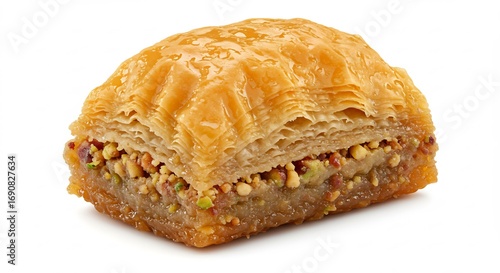 Golden layered baklava pastry filled with pistachios sits against a bright white background. AI Generated