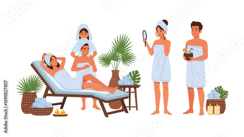 Relaxing spa scene with people receiving treatments and enjoying a tranquil wellness experience with plants and towels