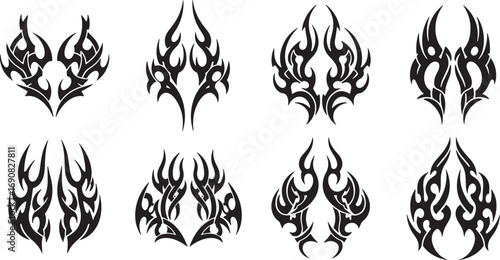 Dynamic collection of fierce black tribal flame designs, perfect for powerful graphic art, tattoo inspirations, and unique decorative elements to express strength and style