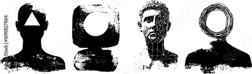 Grunge black and white abstract head silhouettes for artistic design
