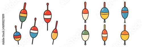 Set of colorful retro fishing bobbers and floats icons and stickers isolated on a white background for tackle shop or hobby design