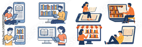 Set of diverse people reading books on smartphones, laptops, and computers, representing concepts of online library, e-learning, and digital education technology