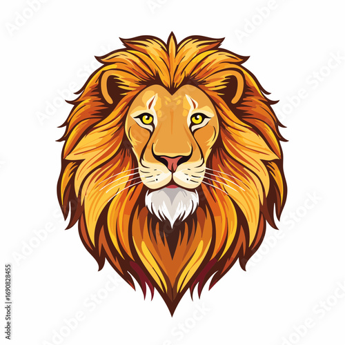 Majestic lion head mascot logo with a powerful golden mane, a stylized vector illustration for strength and royalty, isolated on a white background
