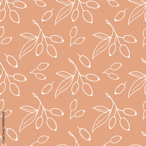 Pattern Hawthorn Berry Branches with Round Small Pome Fruits.