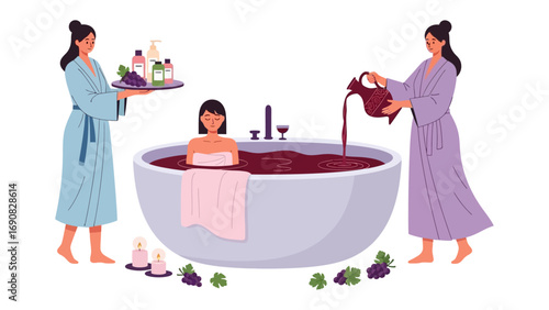 Two women in traditional robes offering a relaxing herbal bath experience with aromatherapy and fruit for a serene spa treatment