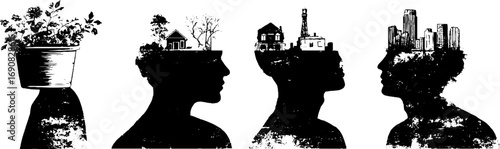 Conceptual grunge black and white silhouette illustrations of heads with urban nature themes