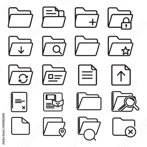Minimal folder & file line icons related items black & white thin vector set.eps