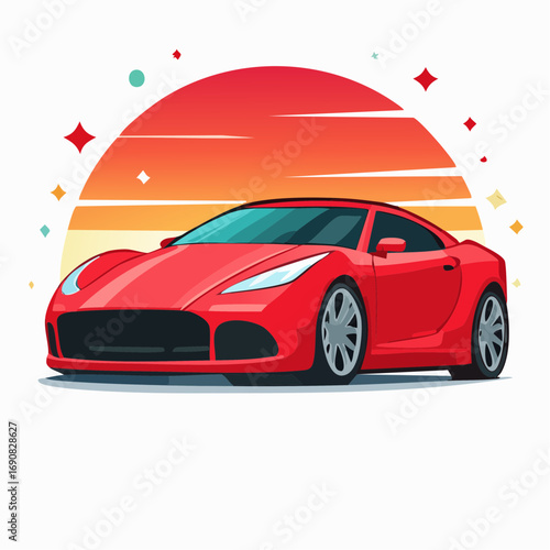 Sleek red sports car illustration with a vibrant retro sunset background, embodying speed and luxury automotive design