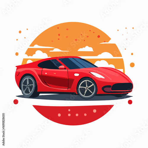 Sleek red sports car illustration on an abstract circular background, a symbol of speed, power, and modern automotive design