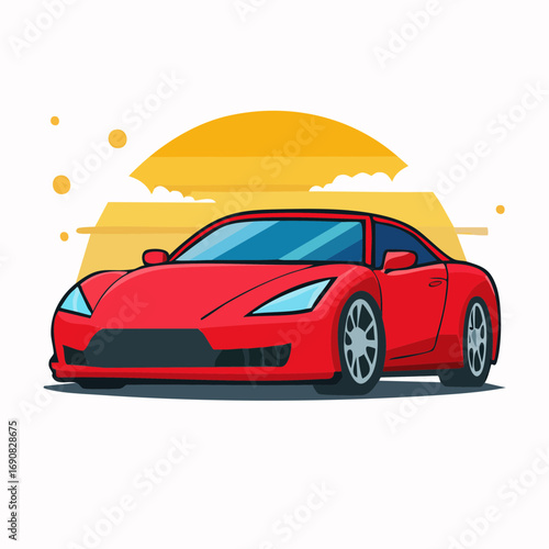 Sleek red sports coupe illustration representing modern automotive design, speed, and luxury set against a stylized sunset graphic