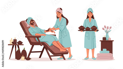 Two women in spa robes and towels enjoying a relaxing spa treatment with facial masks and massage services