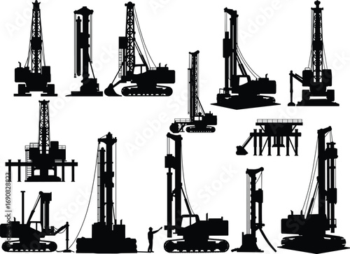 Heavy drilling machine silhouettes, construction rig equipment, pile drivers, foundation boring machines, black vector illustration, industrial drilling rigs, isolated icons, deep soil structures