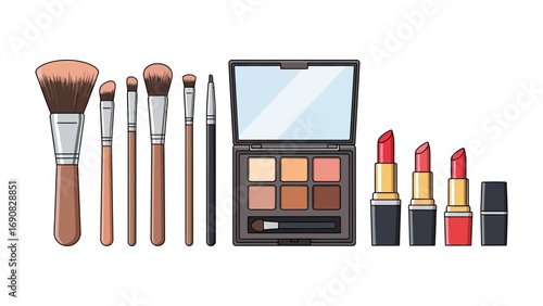 A collection of professional makeup brushes a vibrant eyeshadow palette with a mirror and assorted lipsticks in various shades arranged neatly on a white background