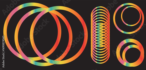 Vibrant rainbow colored abstract circular and oval shapes with a psychedelic gradient effect on a black background