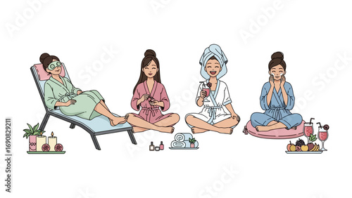 Four diverse women in comfortable robes and towels enjoying a relaxing spa day with skincare products and beverages