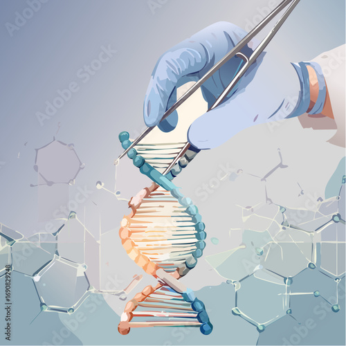 Close-up of a scientist's hand using tweezers to manipulate a DNA strand, with molecular structures in the background, illustrating genetics and biotechnology