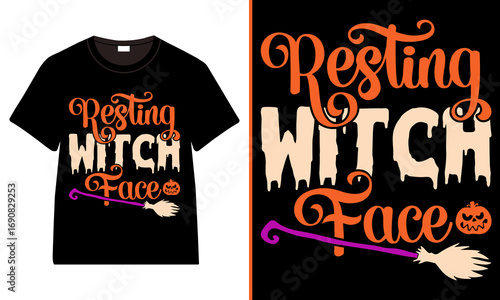 Resting Witch Face Halloween T‑Shirt, Drippy WITCH Text, Script Accents, Broom And Pumpkin