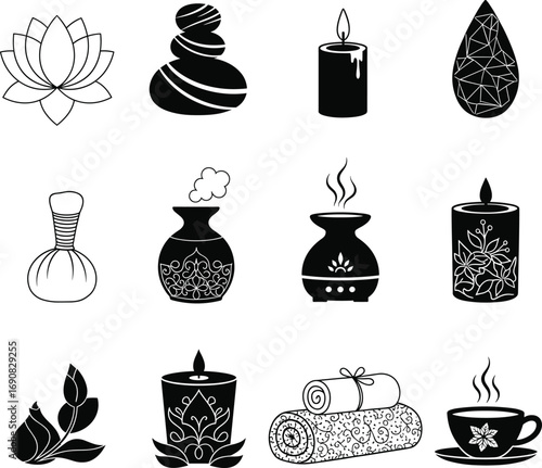 Collection of spa and wellness icons including candles, lotus, aromatherapy, towels, massage stones, and steaming cups for relaxation.