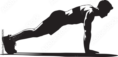 Fit athletic man silhouette performing push-up exercise on fitness mat dynamic pose