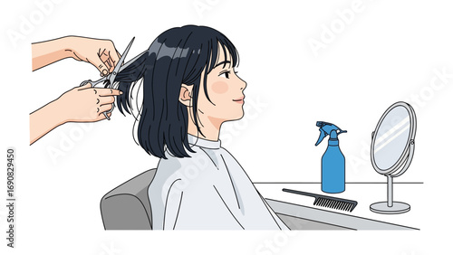 Young woman receiving a haircut at a salon with scissors and comb a mirror and spray bottle on the table