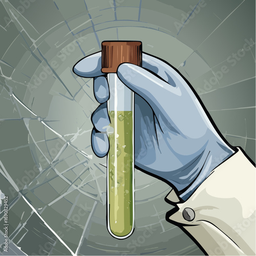Conceptual illustration of a scientist holding a test tube with a bubbling green liquid, representing a dangerous experiment or scientific discovery