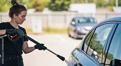 A focused person wears gloves, carefully using a pressure washer to clean a dark car at an an outdoor wash station.