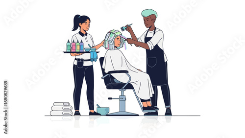 Two hairstylists meticulously styling and treating a client s hair in a modern salon setting with professional equipment