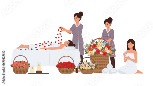 Relaxing spa treatment with floral arrangements and attentive therapists providing a tranquil wellness experience for a client