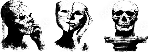 Grunge black and white skull and mask heads illustration for urban art and design projects
