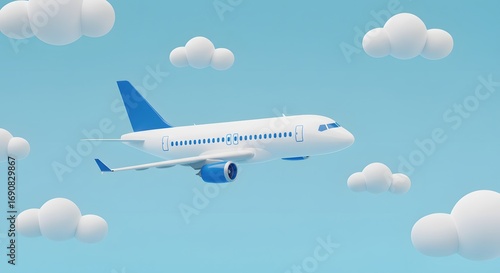 Blue and White Commercial Airplane Flying in Sky with Clouds