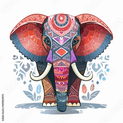 Stylized ornamental elephant head illustration with vibrant ethnic patterns. Colorful vector design of a sacred animal totem on a white background