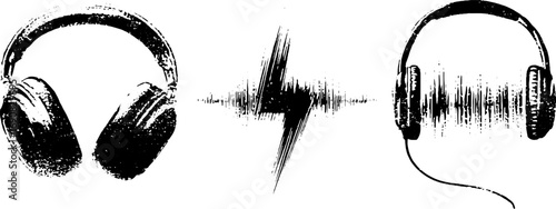 Grunge black and white headphones illustration set for music design