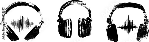 Grunge black and white headphones and soundwave design for music themes