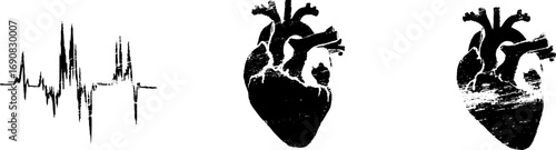 Grunge black and white heartbeat and anatomical heart design set for posters