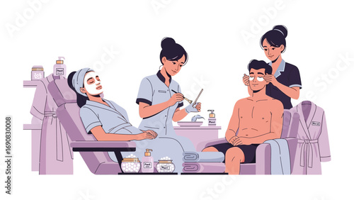 Professional spa treatment with two clients receiving facial masks and one client getting eyebrow grooming by estheticians