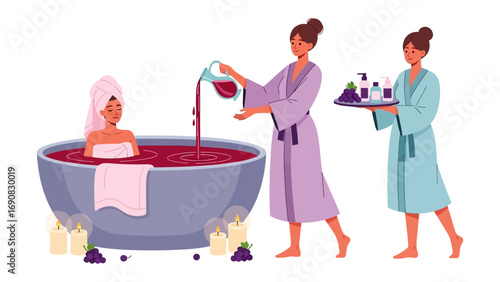 Two women in bathrobes prepare a luxurious spa treatment with a woman relaxing in a large tub filled with red liquid and candles