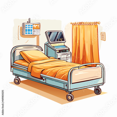 Vector illustration of a vacant hospital bed in a clinic room with monitoring equipment, symbolizing medical care and patient treatment