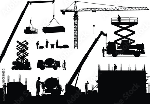 Construction site with cranes, scissor lifts, workers, concrete mixers, building structure, lifting equipment, industrial machines, worker silhouettes, architecture, heavy machinery
