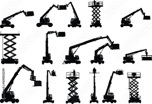 Silhouettes of aerial lifts, boom lifts, scissor lifts, construction platforms, industrial height equipment, isolated vector set, black icons, elevated work platform machines