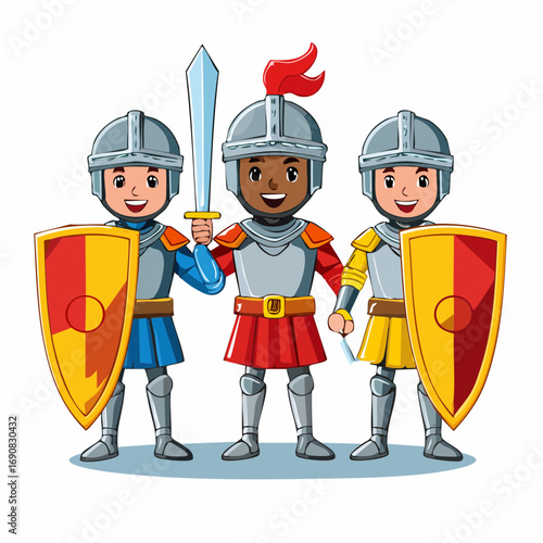 Diverse team of young cartoon knights in shiny armor. Cute multicultural children characters representing friendship, courage, and teamwork